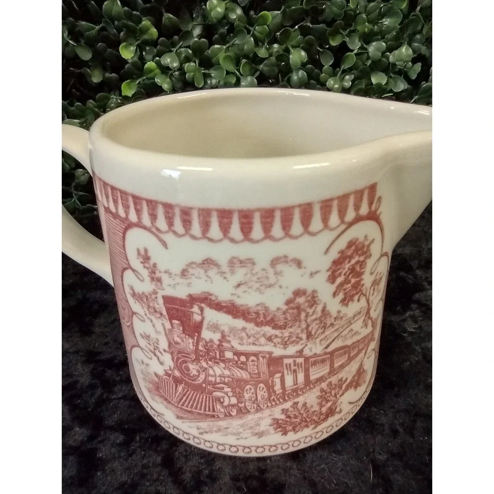 Vtg Mauve Red Transferware Creamer Locomotive Train Scene Unbranded Pink Rose